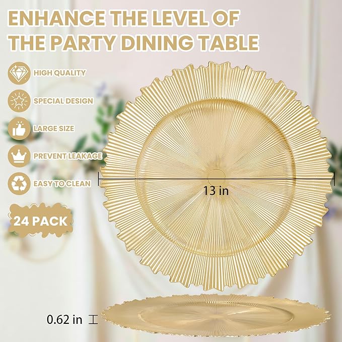 LIYH 24 Pcs Gold Charger Plates 13" - Chargers for Dinner Plates, Irregular Design, Heavy-Duty Plate Gold Charger Bulk, Suitable for Wedding & Party- Stackable