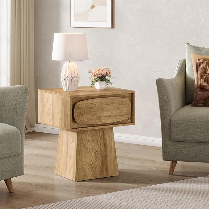 Tribesigns Side End Table Set of 2 with Storage Drawer for Living Room, Bedroom and Indoor Use, Modern Mid-Century Farmhouse Bed Side Table with Curved Handle, 2 Night Stand Easy Assembly Natural