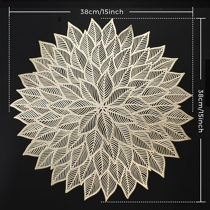 Placemats Set of 4, Round Hollow Out Flowers Place Mats for Dining Table Pressed Vinyl Blooming Leaf Table Mats for Holiday Party Wedding Accent Centerpiece Dinner Table Decoration (Gold)