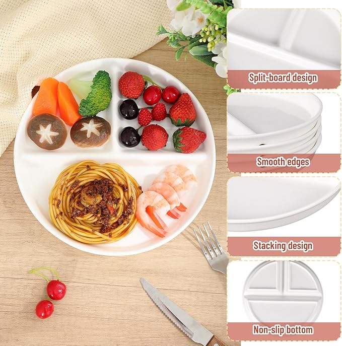 Lounsweer Set of 8 Pcs Portion Control Plate Ceramic Divided Bariatric Plates 3 Compartment Reusable Dinner Plates for Weight Loss Balanced Meal (8 Inch)
