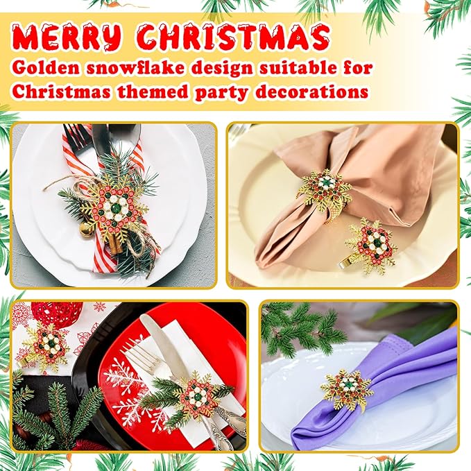 ZeeDix Christmas Colorful Snowflake Napkin Rings Set of 6, Napkins Ring for Dinning Table - Rustic Dinner Tables Decoration for Wedding Receptions Christmas Thanksgiving Holiday Party Dinner Parties