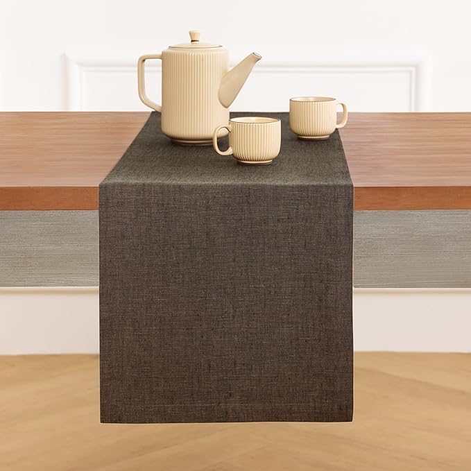 Solino Home Linen Small Table Runner 60 Inches - Athena, 100% Pure Linen Chambray Brown Table Runner 14 x 60 Inch Ideal for Dresser and Coffee Tables - Winter