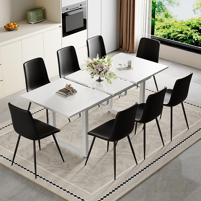 Extendable Dining Table Set for 4, 55"–71" Modern White Kitchen Table with 4 Upholstered Chairs, Space-Saving for Living Room Apartment, Sturdy & Comfortable, Easy Assembly