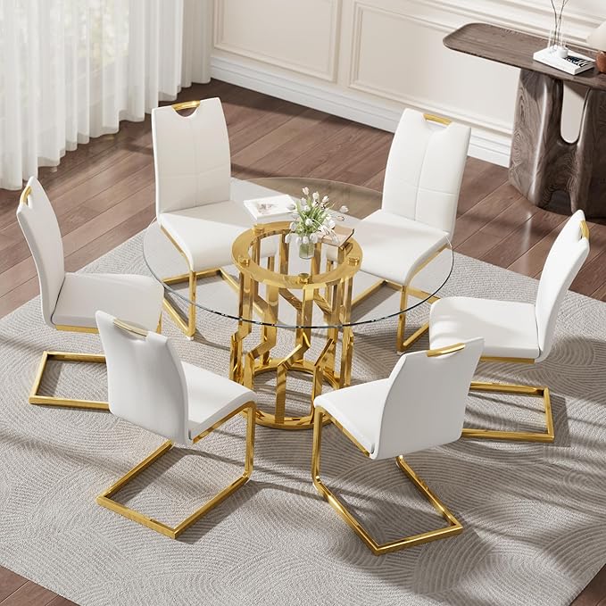 47.2" Round Glass Dining Table Set for 6, Modern 7 Piece Kitchen Table Set with Gold Stainless Steel Base & 6 PU Leather Accent Chairs, Saving Space, Dining Set for Apartment, Home - White Chair