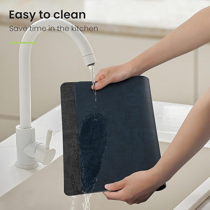 Placemats Set of 6, Faux Leather Heat Resistant Wipeable Placemats, Dual Sided Waterproof Washable Table Mats with Coaster, Suitable for Kitchen, Dining, Table Decor (6, Black Navy Blue)
