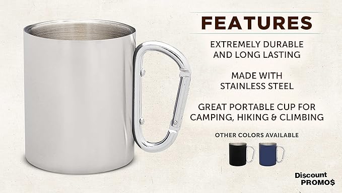 DISCOUNT PROMOS Stainless Steel Mugs with Carabiner Handle 10 oz. Set of 10, Bulk Pack - Perfect for Coffee, Soda, Other Hot & Cold Beverages - Silver