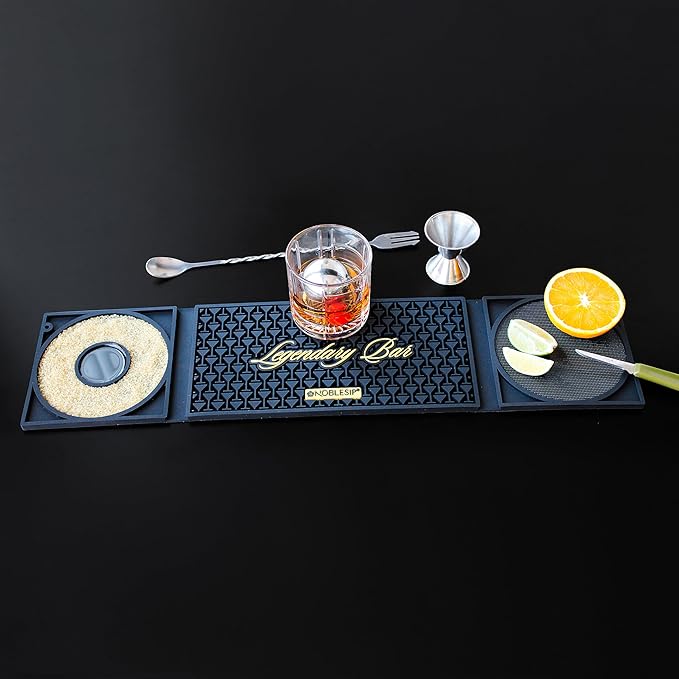NobleSip Bar Mat 3in1 𝗜𝗡𝗡𝗢𝗩𝗔𝗧𝗜𝗩𝗘 with Cutting Board and Glass Rimmer "Legendary Bar". Upgrade your commercial cocktail station, or home bar with a multifunctional, compact, and stylish mat