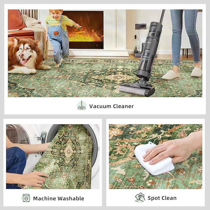 Deerly Green Runner Rug 3x10 Boho Washable Extra Long Rug for Hallway, Waterproof Large Kitchen Floor Rug, Non-Slip Stain & Fade Resistant, Vintage Floral Decor