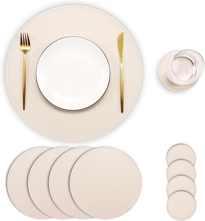 Set of 4 Faux Leather Round Placemats and Coasters, Coffee Mats Kitchen Table Mats, Waterproof, Easy to Clean for Kitchen Dining Round Table