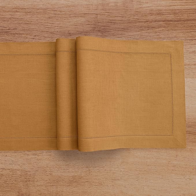 Solino Home Linen Table Runner 48 Inches - 100% Pure Linen Brown Sugar Hemstitch Table Runner 14 x 48 Inch Ideal for Dresser and Coffee Tables - Classic Hemstitch