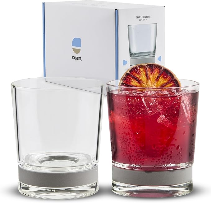 Coast Glassware The Short – Patented Lowball Tumbler with Built-In Stone Coaster Base – Absorbent, Surface-Protecting Whiskey & Cocktail Glasses – Premium Gift Pack (Set of 2) - 10 oz
