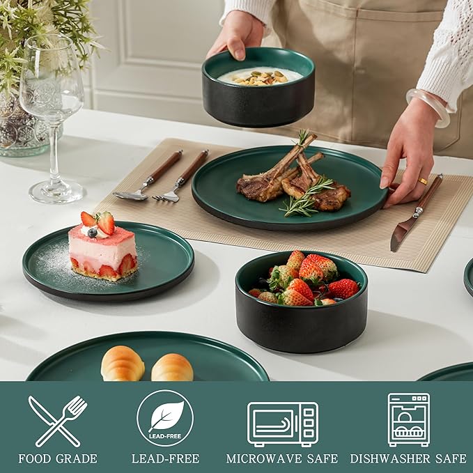 24 Piece Ceramic Dinnerware Set for 8, Modern Minimalist Stoneware Dinner Plates and Bowls, Microwave Safe, Dishwasher Safe, Versatile for All Seasons, Matte Green