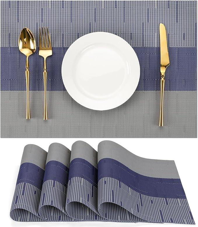 Placemats Set of 4, Vinyl Woven Place Mats Indoor Set of 4 Washable Wipeable PVC Table Mats Heat-Resistant Non Slip Plastic Placemat for Kitchen Dining Outdoor Table (Blue Gray, Set of 4)