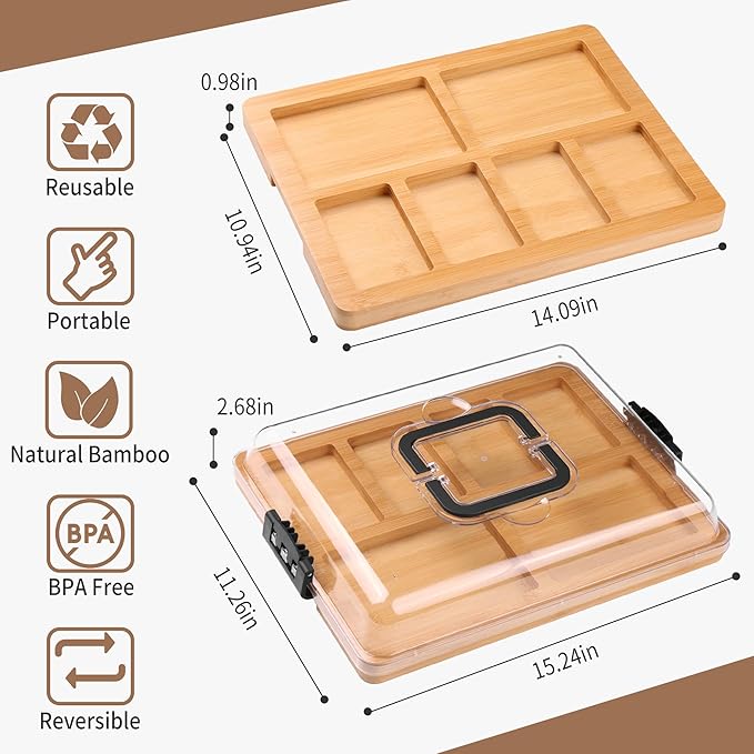 Charcuterie Board with Lid and Handle - Portable Travel Design Bamboo Cheese Board Set with 4 Cheese Tools, Gift for Housewarming, Weddings, Picnics (6 Compartments, Black)