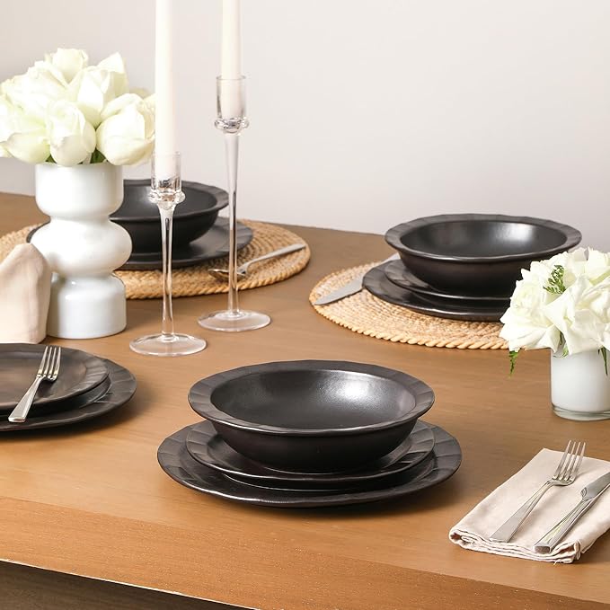 Stone Lain Oasis Stoneware 24 Piece Dinnerware Set, Home Kitchen Dish Set with Dinner Plates, Salad Plates & Bowls - Service for 8, Black