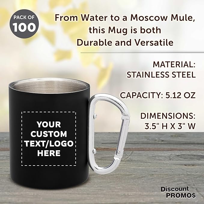 Custom Stainless Steel Mugs with Carabiner Handle 10 oz. Set of 100, Personalized Bulk Pack - Perfect for Coffee, Soda, Other Hot & Cold Beverages - Black