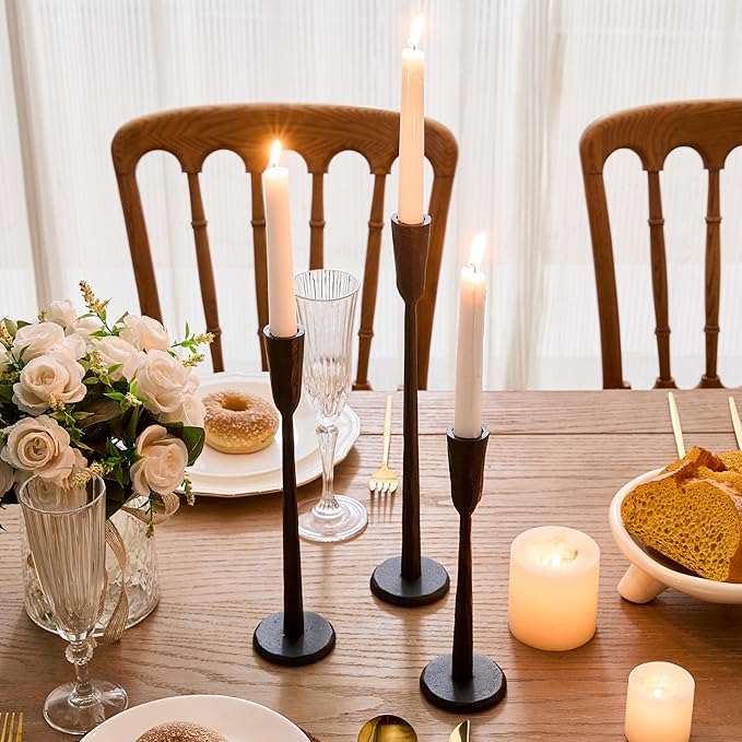 Cast Iron Taper Candle Holder Set of 3, Heavyweight Tall Candlestick Holders, for Fireplace Mantle & Dining Table, Versatile Decor for Wedding, Holiday, Home & Christmas (Black)