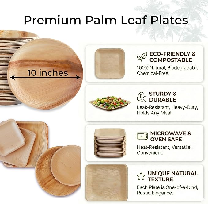 Indie Palm Disposable Palm Leaf Plates – 100 Pack 10 Inch Round – Heavy Duty, 100% Compostable & Biodegradable – Eco-Friendly Alternative to Plastic & Bamboo – Perfect for Parties & Events