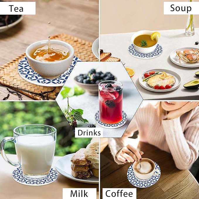 Drink Coasters for Drinks Set of 6,Blue and White Porcelain Absorbent Round Ceramic Stone Mat Coaster, with Cork Base and Metal Holder, Home Bar Decor House Warming Gift