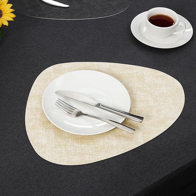 Placemats and Coasters, Washable Reversible Placemats Round Faux Leather Wipeable Place Mats Non Slip Heat Resistant Indoor Outdoor Table Mats (Set of 4, Gray Cream)