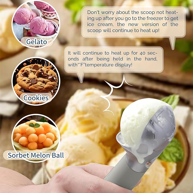 Heated Ice Cream Scoop Rechargeable, Electric Warming Ice Cream Scooper with LED Display, Heats to 158°F for Hard Ice Cream, Easy for Seniors & Kids, IP67 Waterproof (Grey, 2 oz)