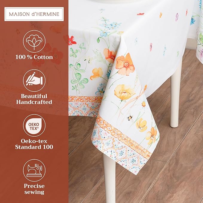 Maison d' Hermine Table Cloth Square Table 100% Cotton 60 x 60 Inches Tablecloth Reusable Decorative for Dining Room Farmhouse Home Valentines Day Decorations Spring Summer - Summer Whisper