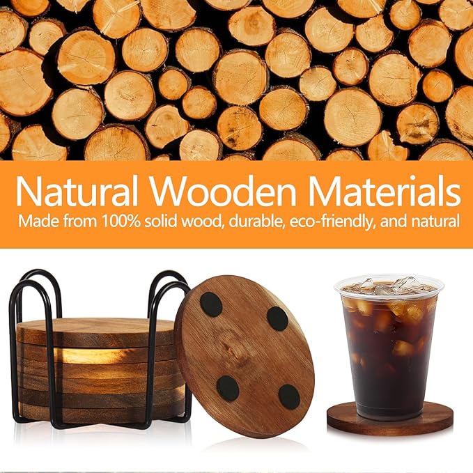 20 Pcs Wood Coasters with Holder, Wooden Coasters for Drinks Absorbent, Drink Coasters for Coffee Table, Modern Home Decor, Coaster Set for Table Protection, Office, Bar