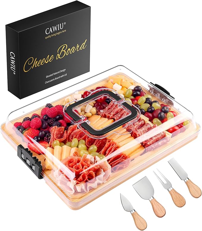 Charcuterie Board with Lid and Handle - Portable Travel Design Bamboo Cheese Board Set with 4 Cheese Tools, Gift for Housewarming, Weddings, Picnics (6 Compartments, Black)