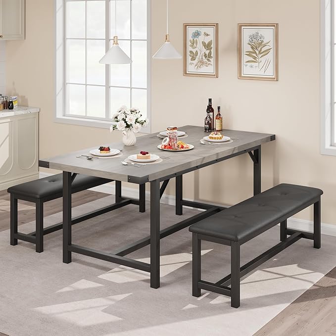 IDEALHOUSE 3-Piece Dining Table Set for 4-6 People, 63" Large Extendable Kitchen Table Set w 2 Soft Benches, Easy Assembly, Space Saving for Apartment, Small Space, Gray