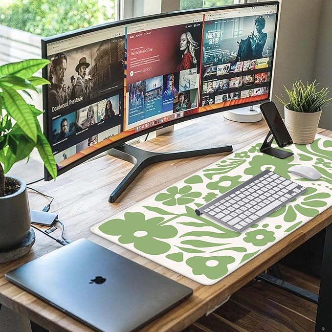 iCasso Desk Mat, XXL Large Anti-Slip Mouse Pad with Stitched Edges, Keyboard Mat for Work, Gaming (Green Flowers)