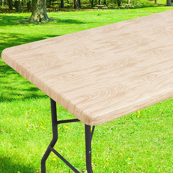 Smiry Rectangle Table Cloth Cover, Waterproof Elastic Fitted Picnic Tablecloth for 4 Foot Tables, Wipeable Flannel Backed Vinyl Tablecloths for Camping, Dining, Outdoor (Beige Wood, 24" x 48")