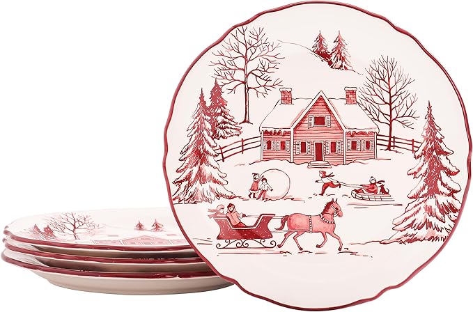 Bico Toile De Jouy Winter Wonderland Scalloped Salad Plates Set of 4, 8.75 Inch Ceramic Dessert Plates for Appetizer, Side Dishes, Microwave and Dishwasher Safe, Gift for Housewarming and Christmas