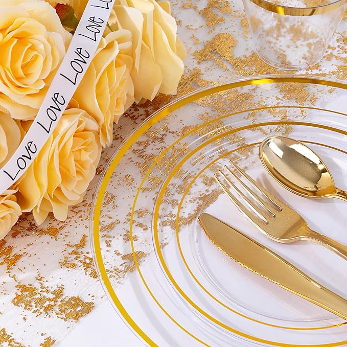 bUCLA 300Pcs Clear Gold Plastic Disposable Dinnerware Set - Clear Plates with Gold Trim Include 50 Dinner / 50 Dessert Plates,50 Cups,150 Plastic Silverware Set for Party