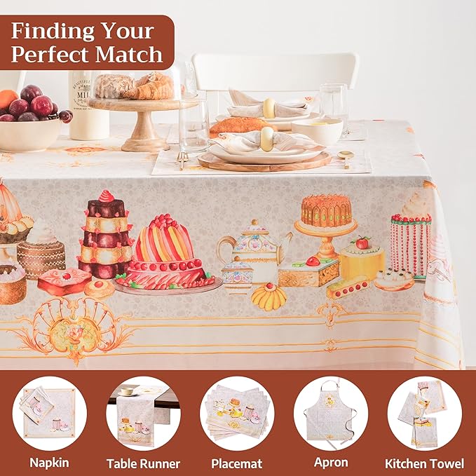 Maison d' Hermine Premium Table Cloth Rectangle Table 100% Combed Cotton 90 x 70 Inches Tablecloth Reusable Decorative for Dining Room, Farmhouse, Home, Party, Festive & Wedding - Pastries
