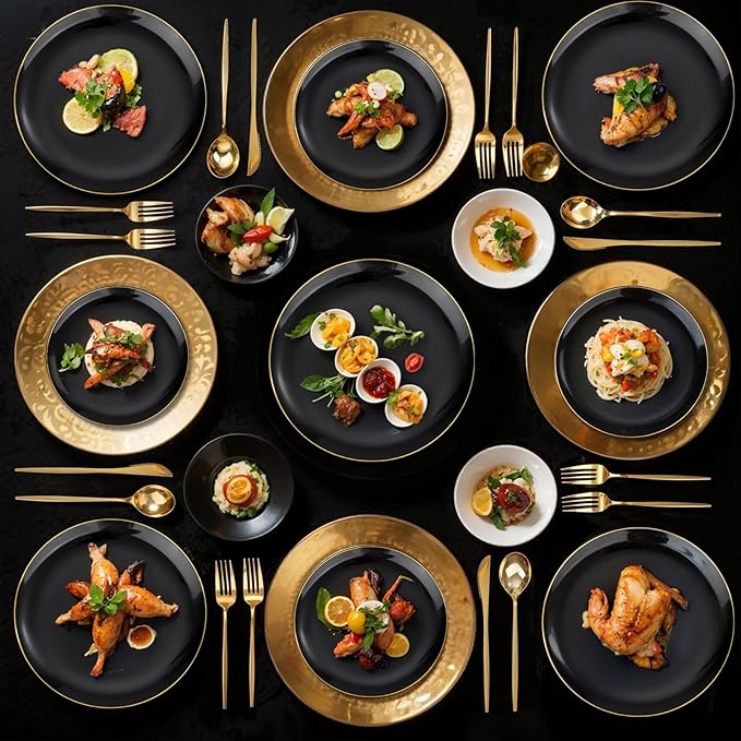 bUCLA 150PCS Black and Gold Plastic Plates - Black Gold Plastic Dinnerware Set Disposable - Include 25 Dinner / 25 Dessert Plates, 25 Knives, 25 Forks, 25 Spoons, 25 Cups, Ideal for Party & Birthday