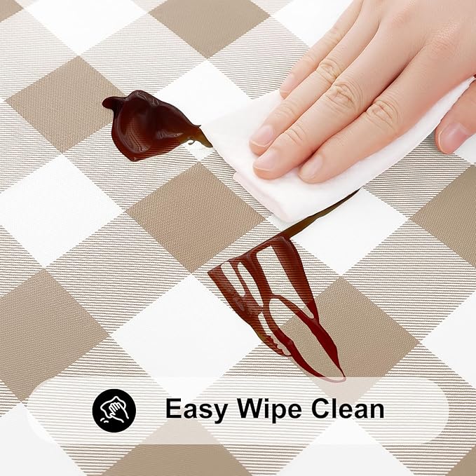 Smiry Rectangle Picnic Table Cloth, Elastic Waterproof Fitted Vinyl Tablecloths, Flannel Backed Buffalo Plaid Table Covers for Dining, Camping, Outdoor (White and Khaki, 36" x 96")