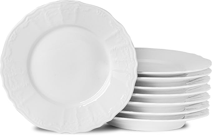 Embossed Ceramic Appetizer & Dessert Plates, 7.5 inch Small Salad Plate, Small White Plates for Cake Waffles Snacks Side Dish, Round Dinnerware Sets, Dishwasher & Microwave Safe - Set of 8