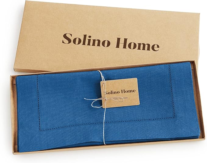 Solino Home Linen Indigo Blue Table Runner 72 Inches Long - 100% Pure Linen Hemstitch Table Runner 14 x 72 Inch for Dresser, Dining, Winter, Spring, Easter - Classic Hemstitch
