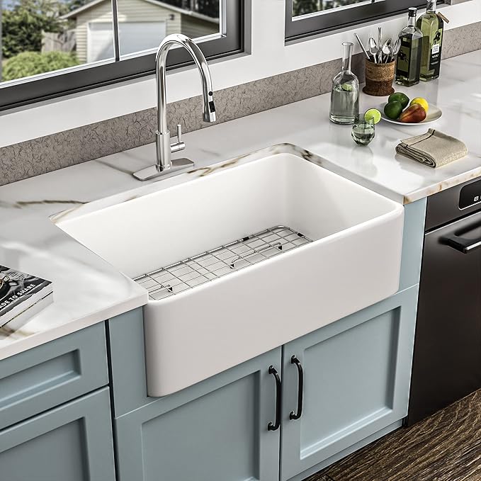 33"x18" White Farmhouse Kitchen Sink – Reversible Apron Front Fireclay Single Bowl Farm Sink, White Ceramic Porcelain Farmer Style Basin