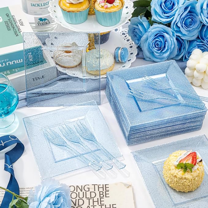 DaYammi 100Pcs Blue Glitter Dessert Plates Including 50Pcs Appetizer Plates 6" and 50Pcs Plastic Forks 5.7",Blue Plastic Square Plate for Party,plastic Salad Plate and Cake Forks for Wedding Birthday