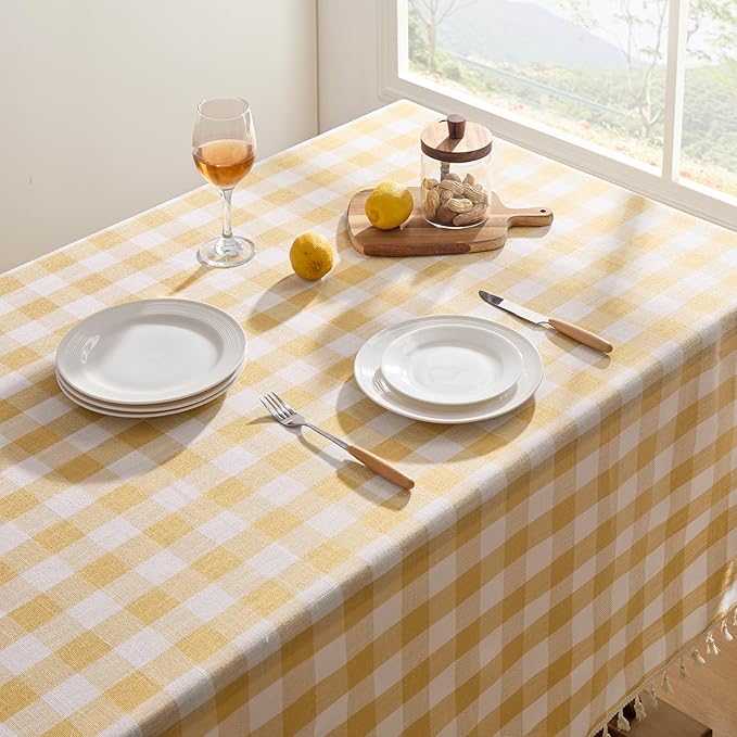 Softalker Checkered Tablecloth Rectangle, Outdoor Linen Cotton Gingham Table Cloth with Tassel, Heavy Duty Wrinkle Free Buffalo Plaid Table Cover for Kitchen Dining Home Party - 55 x 70 Inch, Yellow