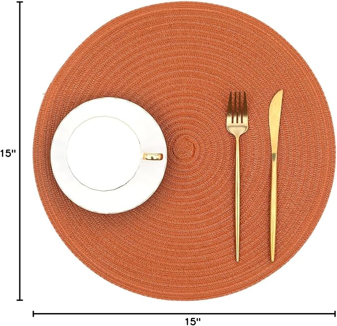 SHACOS Round Placemats Set of 6 Washable 15 inch Round Placemat Cotton Polyester Woven Braided Table Place Mats for Dining Table Decor, Dark Orange