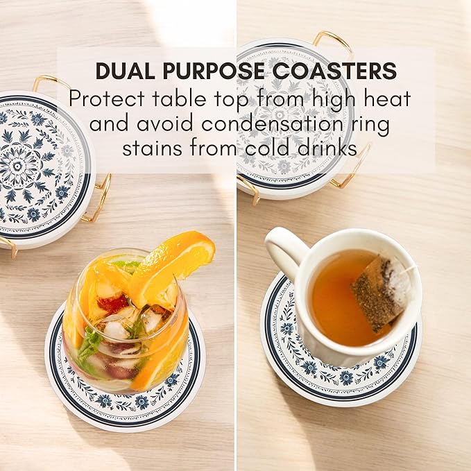 Ceramic Absorbent Mandala Coasters Set of 6 with Holder, Marble Drink Coasters for Coffee Table, Water-Absorbing Stone Coasters (Zen)