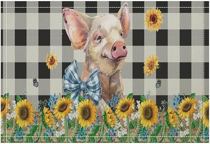 Rustic Pig Placemat Set, Vintage Farmhouse Cute Animal Sunflower Floral Black White Plaid Blue Bowknot Pattern Home Decor Table Mats for Dining Room Kitchen Party (17x12in) x6P