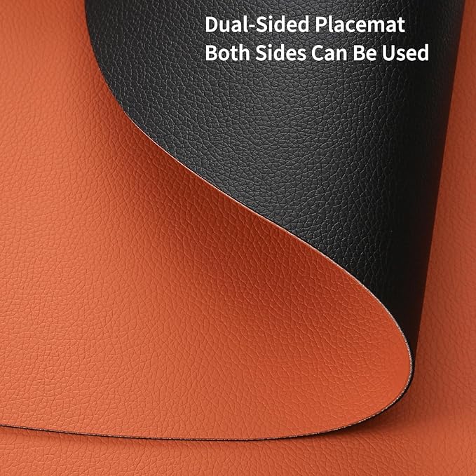 Myir JUN Round Placemats Set of 4 Faux Leather Place Mats and Coasters 15 inch Round Table Mats Dual Sided Non-Slip Stain Resistant Placemats (Black & Orange, Set of 4)