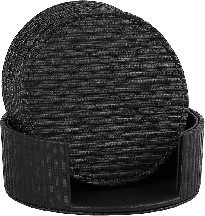6 Pcs Premium Leather Coasters with Holder, Tabletop Protection, Coffee Table & Bar Decoration, Modern-Style Drink Coasters Suitable for Home Dining Tables & Kitchen Accessories (Black Stripe)