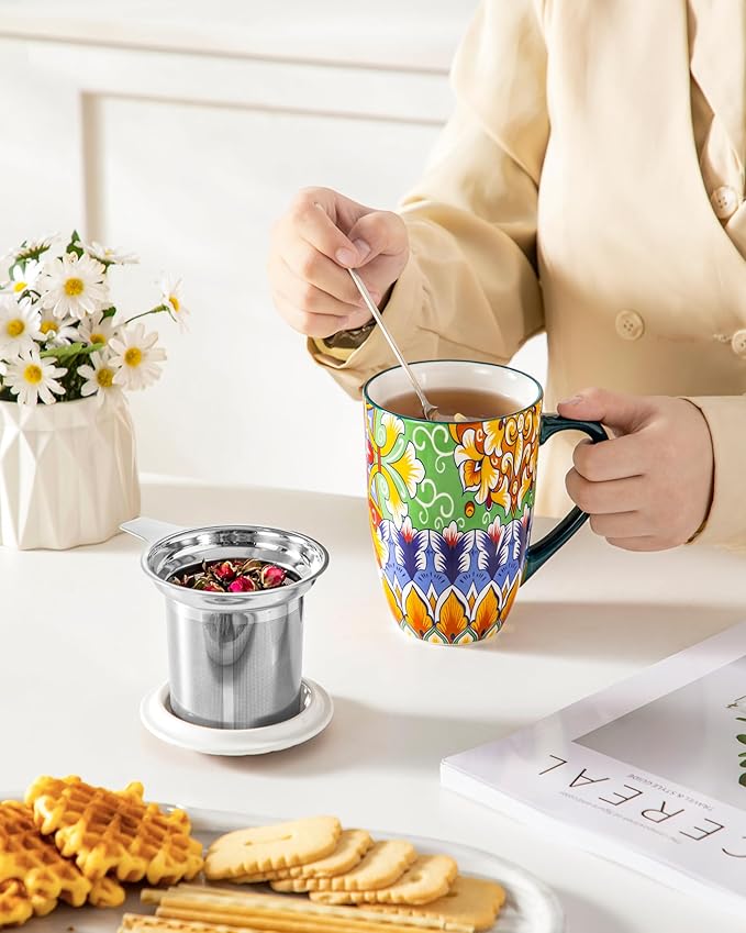 vancasso Ceramic Tea Mug with Infuser and Lid, 18 Ounce Bohemian Loose Leaf Cup, Microwave & Dishwasher Safe, Perfect for Tea, Coffee, Lime-Green Fiesta