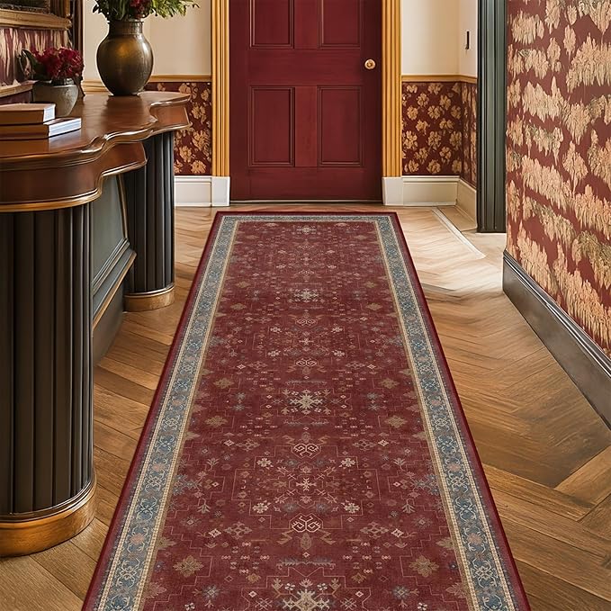 Boho 2x7 Long Runners for Kitchen Floor - Washable Non Slip Indoor Floor Mats for Entryway, Hallway, Dark Red Floral Low Pile & Soft Runner Area Rug for Bedroom Beside Bed