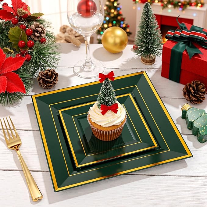 Liacere 100PCS Green and Gold Square Plastic Plates-50PCS Heavy Duty 9.5inch Disposable Dinner Plates and 50PCS 6inch Green Dessert Plate - Gold Plastic Plate for Party&Wedding&Christmas