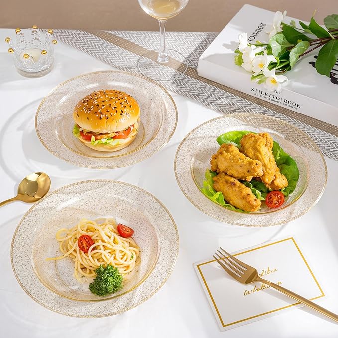 bUCLA 60 Pack Disposable Plastic Bowls 12oz - Clear Gold Glitter Plastic Salad/Dessert/Soup Bowls - Perfect for Party, Wedding & Thanksgiving